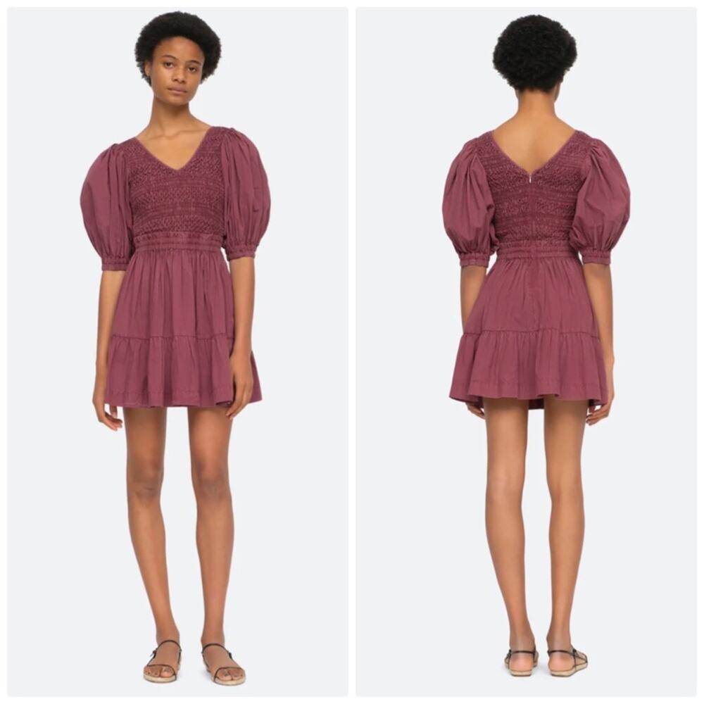 Sea New York Simona Women's Puff Sleeve Smocked Dress in Merlot Size 14